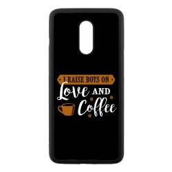 Coque noire pour OnePlus 7 I raise boys on Love and Coffee - coque café