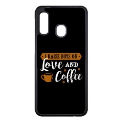 Coque noire pour Samsung Galaxy A02 I raise boys on Love and Coffee - coque café