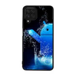 Coque noire pour Samsung Galaxy M32 4G Bugdroid petit robot android bleu dans l'eau