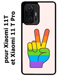 Coque noire pour Xiaomi 11T & 11T Pro Rainbow Peace LGBT - couleur arc en ciel Main Victoire Paix LGBT