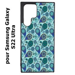 Coque noire pour Samsung Galaxy S22 Ultra Background cachemire motif bleu géométrique