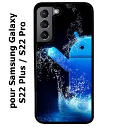 Coque noire pour Samsung Galaxy S22 Plus Bugdroid petit robot android bleu dans l'eau