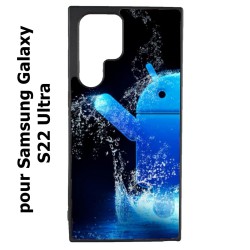 Coque noire pour Samsung Galaxy S22 Ultra Bugdroid petit robot android bleu dans l'eau