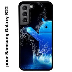 Coque noire pour Samsung Galaxy S22 Bugdroid petit robot android bleu dans l'eau
