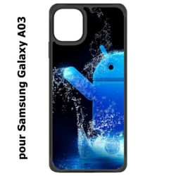 Coque noire pour Samsung Galaxy A03 Bugdroid petit robot android bleu dans l'eau