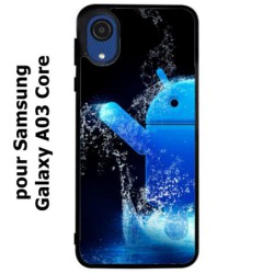 Coque noire pour Samsung Galaxy A03 Core Bugdroid petit robot android bleu dans l'eau