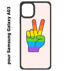Coque noire pour Samsung Galaxy A03 Rainbow Peace LGBT - couleur arc en ciel Main Victoire Paix LGBT