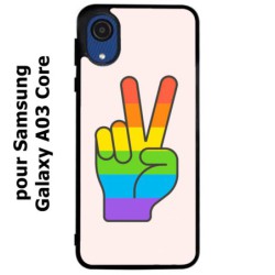 Coque noire pour Samsung Galaxy A03 Core Rainbow Peace LGBT - couleur arc en ciel Main Victoire Paix LGBT