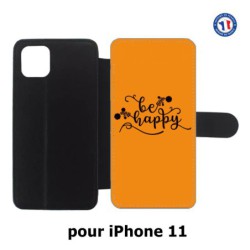 Etui cuir pour Iphone 11 Be Happy sur fond orange - Soyez heureux - Sois heureuse - citation