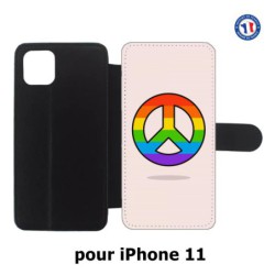 Etui cuir pour Iphone 11 Peace and Love LGBT - couleur arc en ciel
