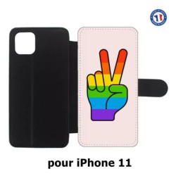 Etui cuir pour Iphone 11 Rainbow Peace LGBT - couleur arc en ciel Main Victoire Paix LGBT