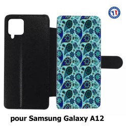Etui cuir pour Samsung Galaxy A12 Background cachemire motif bleu géométrique