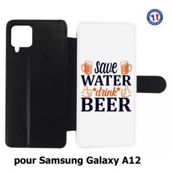 Etui cuir pour Samsung Galaxy A12 Save Water Drink Beer Humour Bière
