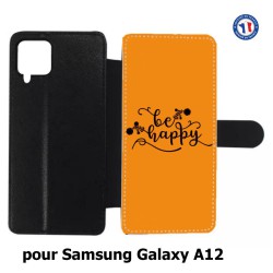 Etui cuir pour Samsung Galaxy A12 Be Happy sur fond orange - Soyez heureux - Sois heureuse - citation