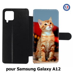 Etui cuir pour Samsung Galaxy A12 Adorable chat - chat robe cannelle
