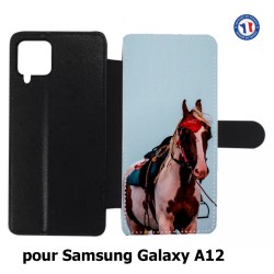Etui cuir pour Samsung Galaxy A12 Coque cheval robe pie - bride cheval