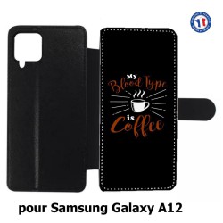 Etui cuir pour Samsung Galaxy A12 My Blood Type is Coffee - coque café