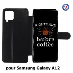 Etui cuir pour Samsung Galaxy A12 Nightmare before Coffee - coque café