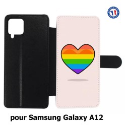 Etui cuir pour Samsung Galaxy A12 Rainbow hearth LGBT - couleur arc en ciel Coeur LGBT
