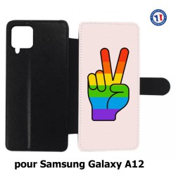 Etui cuir pour Samsung Galaxy A12 Rainbow Peace LGBT - couleur arc en ciel Main Victoire Paix LGBT