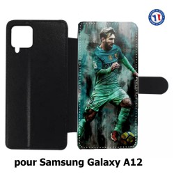 Etui cuir pour Samsung Galaxy A12 Lionel Messi FC Barcelone Foot vert-rouge-jaune