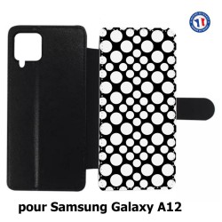 Etui cuir pour Samsung Galaxy A12 motif géométrique pattern N et B ronds blancs sur noir