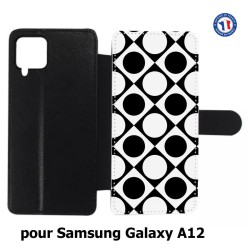 Etui cuir pour Samsung Galaxy A12 motif géométrique pattern noir et blanc - ronds et carrés