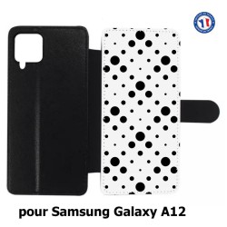 Etui cuir pour Samsung Galaxy A12 motif géométrique pattern noir et blanc - ronds noirs sur fond blanc
