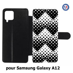 Etui cuir pour Samsung Galaxy A12 motif géométrique pattern noir et blanc - ronds carrés noirs blancs