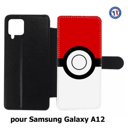 Etui cuir pour Samsung Galaxy A12 rond noir sur fond rouge et blanc