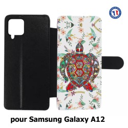 Etui cuir pour Samsung Galaxy A12 Tortue art floral