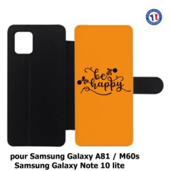 Etui cuir pour Samsung Galaxy M60s Be Happy sur fond orange - Soyez heureux - Sois heureuse - citation