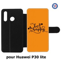 Etui cuir pour Huawei P30 Lite Be Happy sur fond orange - Soyez heureux - Sois heureuse - citation
