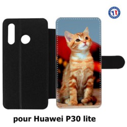 Etui cuir pour Huawei P30 Lite Adorable chat - chat robe cannelle