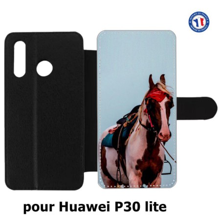 Etui cuir pour Huawei P30 Lite Coque cheval robe pie - bride cheval