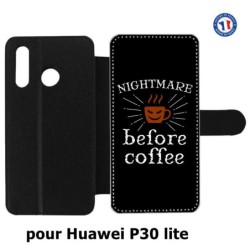 Etui cuir pour Huawei P30 Lite Nightmare before Coffee - coque café