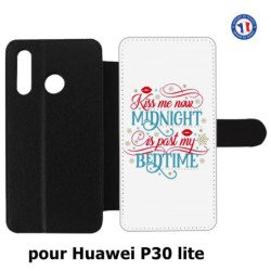 Etui cuir pour Huawei P30 Lite Kiss me now Midnight is past my Bedtime amour embrasse-moi