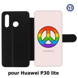 Etui cuir pour Huawei P30 Lite Peace and Love LGBT - couleur arc en ciel