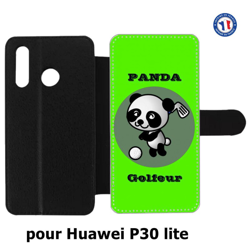 Etui cuir pour Huawei P30 Lite Panda golfeur - sport golf - panda mignon