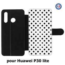 Etui cuir pour Huawei P30 Lite motif géométrique pattern noir et blanc - ronds noirs