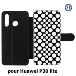 Etui cuir pour Huawei P30 Lite motif géométrique pattern N et B ronds blancs sur noir