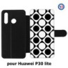 Etui cuir pour Huawei P30 Lite motif géométrique pattern noir et blanc - ronds et carrés