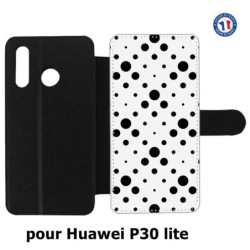 Etui cuir pour Huawei P30 Lite motif géométrique pattern noir et blanc - ronds noirs sur fond blanc