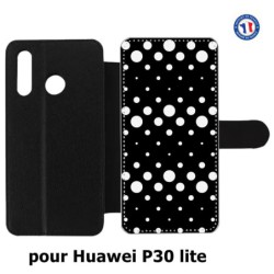 Etui cuir pour Huawei P30 Lite motif géométrique pattern N et B ronds noir sur blanc