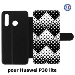 Etui cuir pour Huawei P30 Lite motif géométrique pattern noir et blanc - ronds carrés noirs blancs
