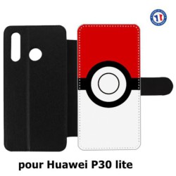 Etui cuir pour Huawei P30 Lite rond noir sur fond rouge et blanc