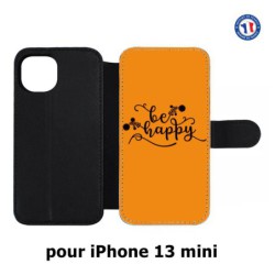 Etui cuir pour iPhone 13 mini Be Happy sur fond orange - Soyez heureux - Sois heureuse - citation