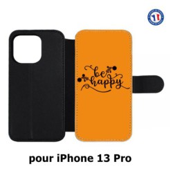 Etui cuir pour iPhone 13 Pro Be Happy sur fond orange - Soyez heureux - Sois heureuse - citation