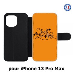 Etui cuir pour Iphone 13 PRO MAX Be Happy sur fond orange - Soyez heureux - Sois heureuse - citation