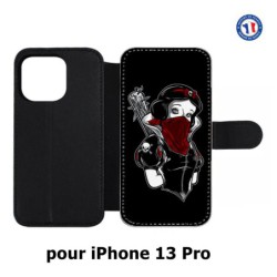 Etui cuir pour iPhone 13 Pro Blanche foulard Rouge Gourdin Dessin animé